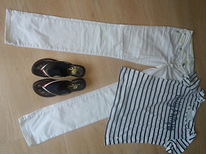 Белые джинсы, S + футболка и шлепки, 37