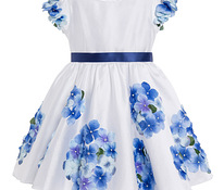 Lesy Luxury Flower Girls White Satin Blue Flower Party Dress