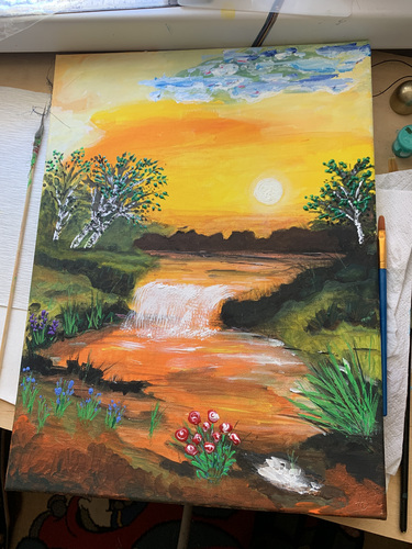 Järv ja juga päikeseloojangul, akrüül, maal 40x30