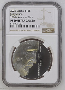 Münt 15€ Jüri Jaakson 150 NGC PF69 ULTRA CAMEO + karp ja ser (2 foto / 5)