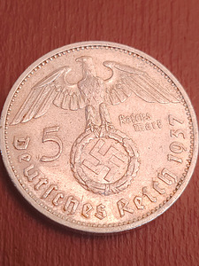 Серебряная монета 5 рейхсмарок 1937 E (Muldenhütten), Гинден (2 фото из 3)