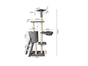 Māja kaķim - koks ar stabiem 138 cm pelēks (P7927) (5 foto no 10)