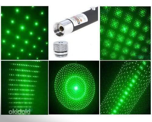 Зеленая лазерная указка с 5 различными насадками (фото #1)
