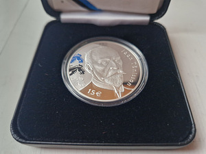 Серебряная памятная монета 15 € Яан Тыниссон. 2018.