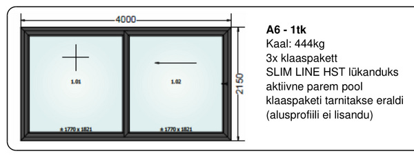 Rõduuks lükanduks 4-meetrine 3x klaaspakett