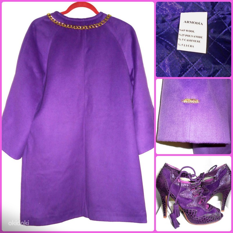 Шикарное яркое лиловое шерстяное пальто, EU42-L-XL, новое (фото #10)