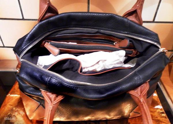 Кожаная объемная черная с коричневыми деталями сумка, новая (фото #5)