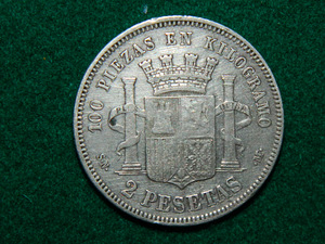 2 peseetat 1869 Hispaania hõbe 835 pr (2 foto / 3)