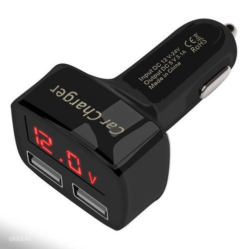Автомобильное зарядное устройство USB, вольтметр, амперметр на 2 розетки, 3.1А (фото #1)