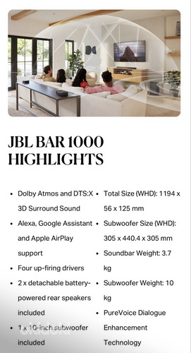 Саундбар для домашнего кинотеатра JBL Bar 1000 Pro 7.1.4, но (фото #7)