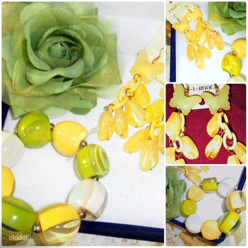 Модный желто-зеленый комплект: браслет-стрейч +серьги, новый (фото #3)