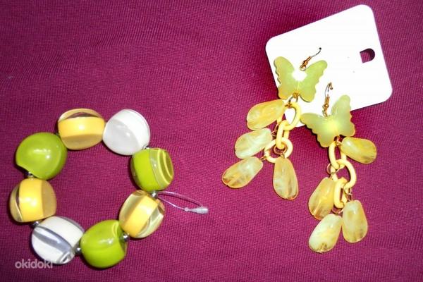 Модный желто-зеленый комплект: браслет-стрейч +серьги, новый (фото #1)