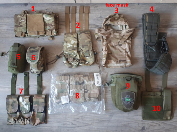 Erinevad airsofti asjad, taskud, pouch, vestid, vööd, mütsid