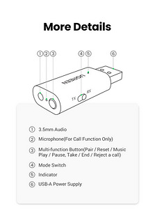 Ugreen bluetooth 5.1 аудио адаптер приемник/передатчик 3,5 мм (7 фото из 9)