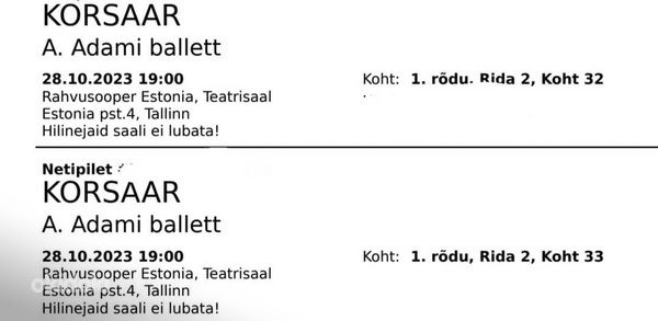 Korsaar ballet 28.10, 2 piletid, 1. rõdu (foto #1)