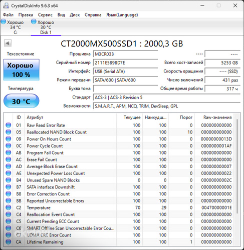 Crucial MX500 2TB, SATA SSD 2.5 inch, Health 100% [Like New]