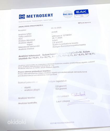 Kullasulam 750 proov 2,80 g Metroserti sertifikaat