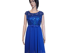 Синее торжественное платье с пайетками и галстуком на размер