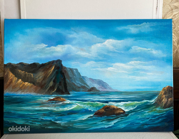Картина маслом "Море под горами" 40 см x 60 см