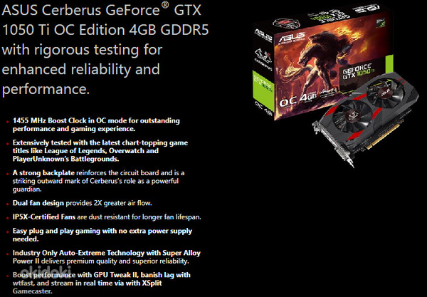ASUS Cerberus GeForce GTX 1050 Ti OC Edition 4GB GDDR5 (фото #10)