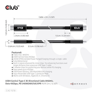 USB-C kaabel 8K60Hz / 40Gbps / 240W, 2m (2 foto / 6)