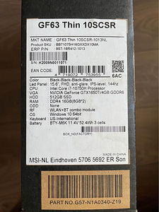 Sülearvuti msi GF63 õhuke 10SCSR (5 foto / 5)