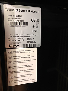 NIMO ECO Dryer 2.0 HP kuivatuskapp - väga heas korras (3 foto / 3)