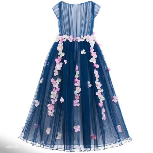 Lesy Luxury Navy Blue Full Length Tulle Dress with Flowers (foto #2)